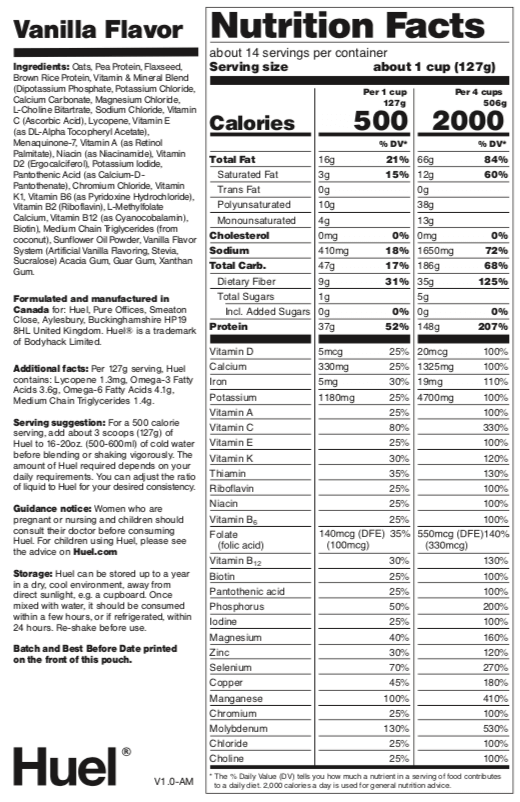 Huel Weight Gainer Meal Replacement nutritional fact