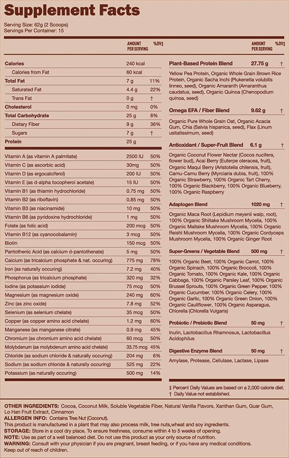 Ka’Chava Organic Meal Replacement Shake nutrition fact