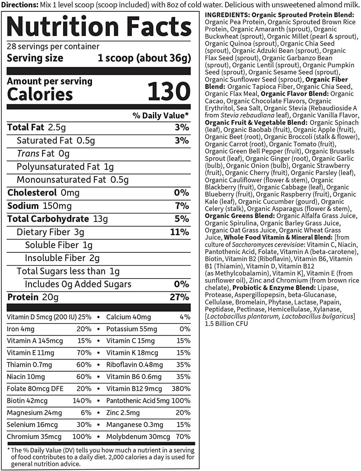 Garden Of Life Raw Lactose Free Meal Replacement Powder nutritional facts