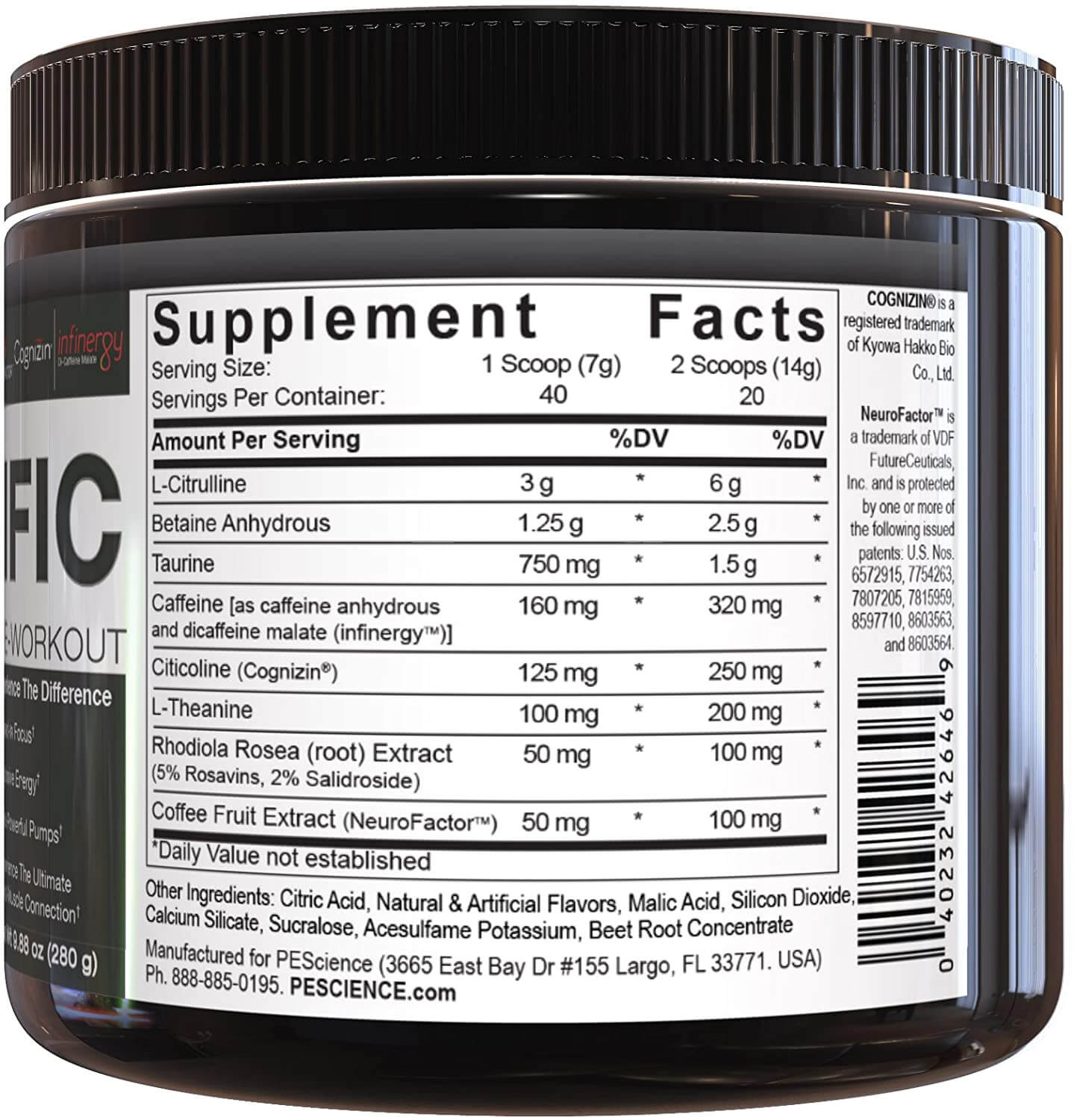 PEScience Prolific Pre-Workout Without Beta-Alanine nutrition fact