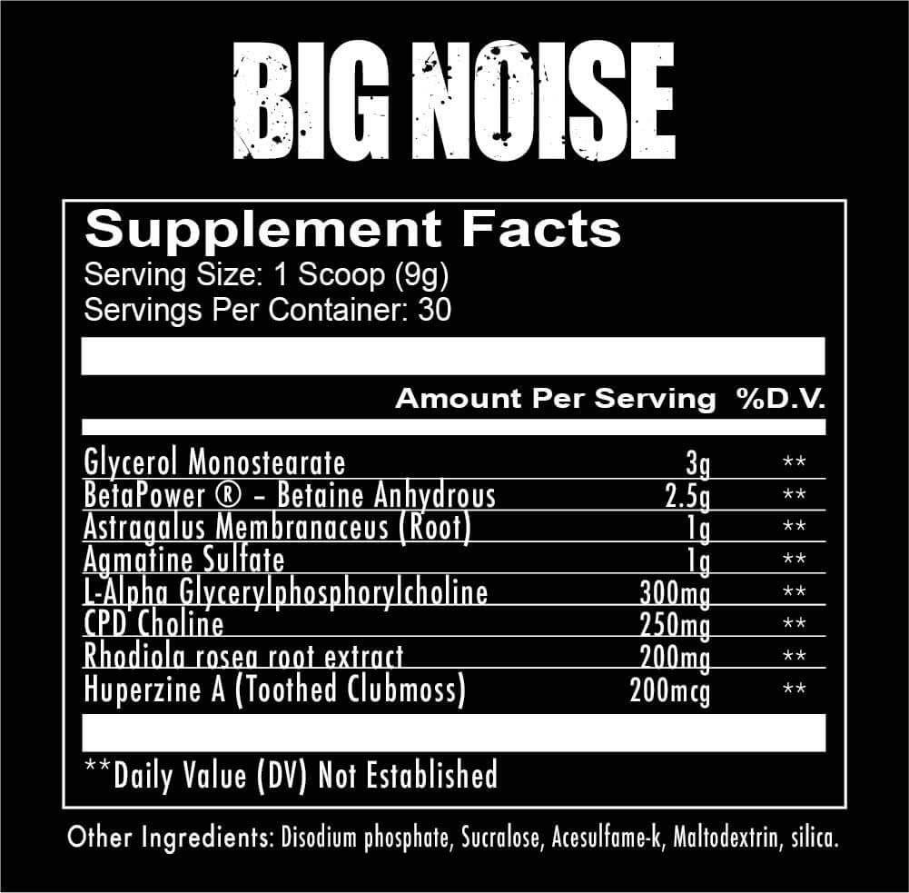Redcon1 Big Noise beta-alanine-free pre workout nutrition fact